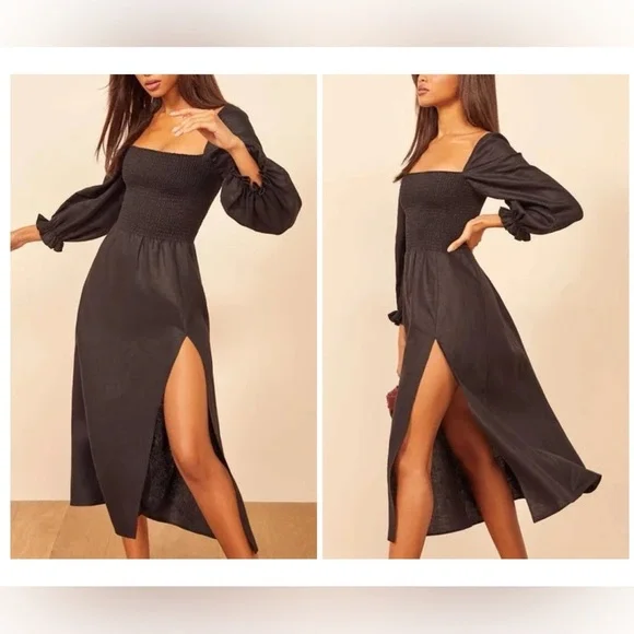 Reformation Small Black Gitane 100% Linen Long Puff Sleeve Smocked Midi  Dress